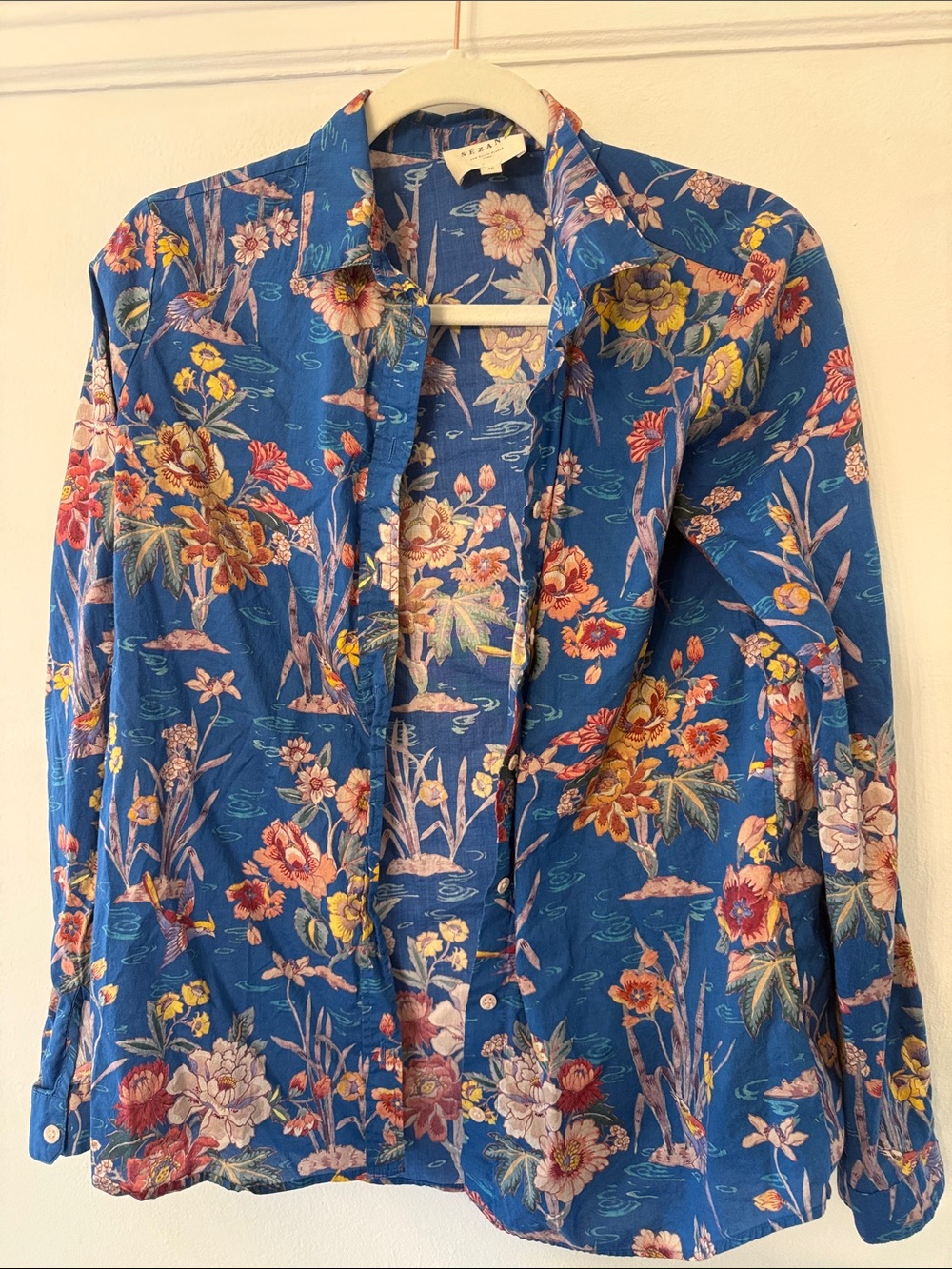 Sezane Pierro Blue Floral Button-Up Shirt Blouse 36